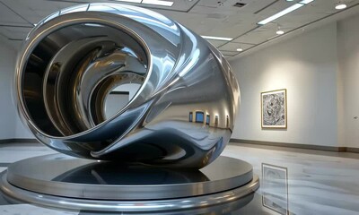 Poster - A polished metallic sculpture captures the light in a spacious contemporary art museum, showcasing fluid shapes and reflections in a minimalist setting.