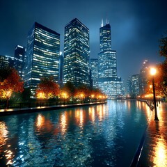 Poster - Chicago River at Night: Reflections of City Lights and Autumn Colors on a Wet Embankment