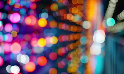 Poster - Bright bokeh lights create a mesmerizing display in an urban setting at night, transforming the surroundings into a vibrant and colorful abstract scene.