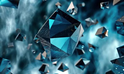 Poster - Blue crystals appear to float in a dreamy environment, illuminated by soft light, creating an enchanting visual effect in a tranquil setting.