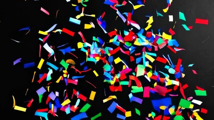 Poster - Multicolored confetti falling slowly on a black background, creating a celebratory atmosphere perfect for black friday sales and other promotional events