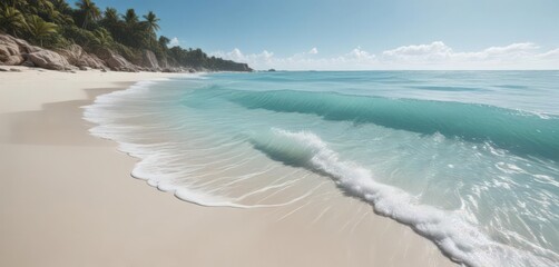 powdery white sand, crystal clear aqua waves lap shore , blue, daytime