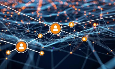 Fototapete - An intricate arrangement of glowing nodes and lines forms a complex network, symbolizing data connectivity in a digital landscape during twilight hours.