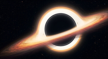 Wall Mural - A celestial singularity, a black hole, with an accretion disk of swirling orange-gold gas.  Vast, dark space surrounds it with scattered stars