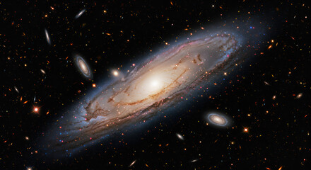 Wall Mural - A spiral galaxy bathed in cosmic dust and light, amidst scattered stars and nebulae