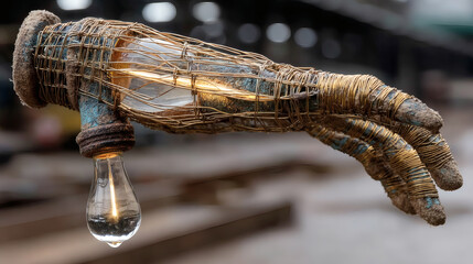 Poster - Unique Hand Sculpture with Light Bulb Creative Art Installation
