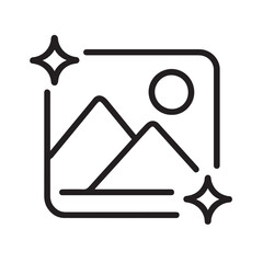 Poster - Picture Perfect Icon: A simple yet effective image depicting a stylized scene of mountains, sun, and stars, enclosed within a square frame, signifying beauty, quality, and visual appeal. 