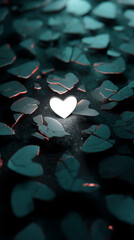 Poster - Glowing white heart amidst scattered, broken teal hearts, symbolizing hope, resilience, or Valentine's Day theme.  Dark background adds dramatic effect