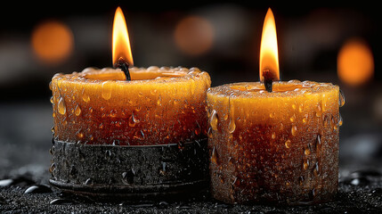 Poster - Warm Glow of Candlelight with Raindrops on Rustic Surface