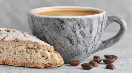 Poster - A beautiful cup of coffee with biscotti and coffee beans on a textured surface.