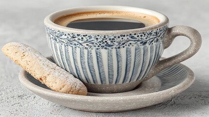 Poster - A beautifully decorated cup of coffee with a biscotti on a saucer, close up