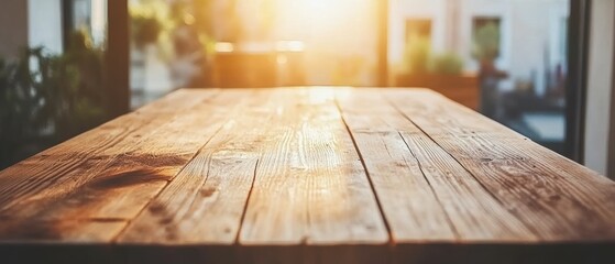 Poster - Sunlight Washes Over Rustic Wooden Table Top in Warm Blurred Background for Product Mockup Displays