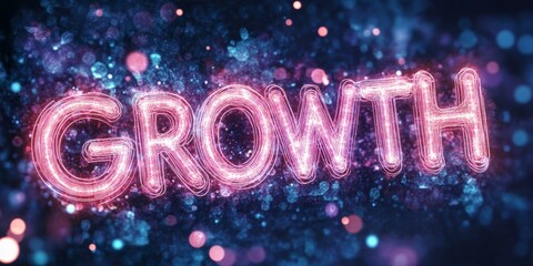 Poster - Glowing Neon Pink Text GROWTH on a Abstract Sparkling Background, Concept of Success