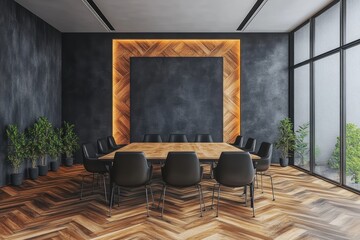 Aufkleber - Sleek Conference Room Interior with Wooden Table Black Chairs Green Plants and Large Window Design