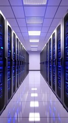 Poster - Data Center Server Room with Rows of Rack Servers and Blue Lights Reflecting on Glossy Floor