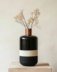 Poster - Modern Black Vase with Dried Flowers on Plinth Minimalist Still Life Neutral Tones Home Decor Plant Composition Artistic Simplicity Elegant