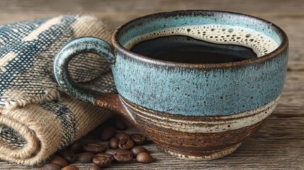 Poster - A rustic coffee mug filled with rich dark brew and coffee beans on wood surface.