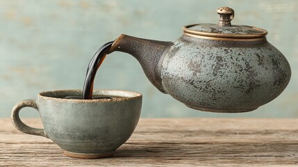 Poster - A rustic teapot pouring dark tea into a matching cup on a wooden surface.