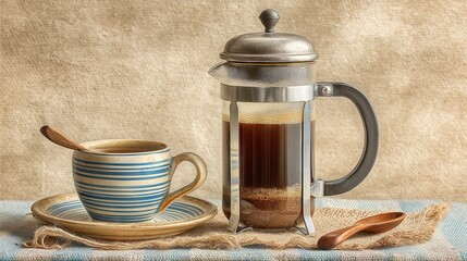 Poster - A rustic still life featuring a French press coffee maker and a patterned cup.