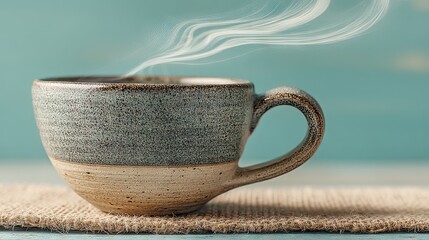 Poster - A steaming ceramic mug of coffee on a rustic burlap mat, close up shot.