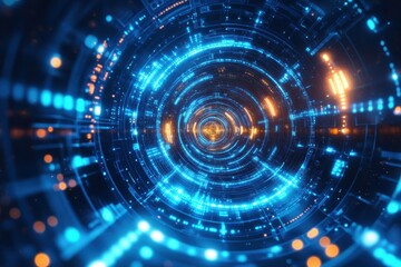 Poster - Digital technology innovation concept futuristic network data flow glowing blue abstract circular tunnel