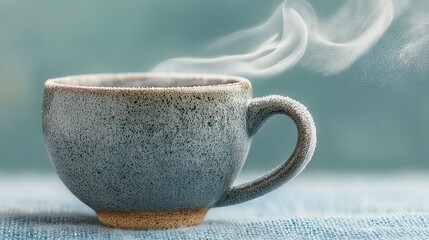 Poster - A steaming cup of coffee on a blue surface evokes warmth and comfort.