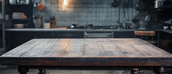 Poster - Rustic Kitchen Interior Featuring Wooden Table Top and Blurred Vintage Background Captures Culinary Scene
