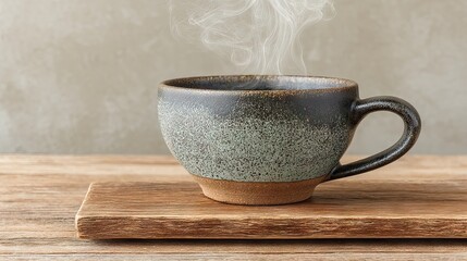 Poster - A steaming cup of coffee on a wooden board against a neutral backdrop