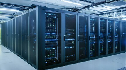 Poster - Illuminated Server Racks in Data Center, Powering Digital Network Infrastructure with High Technology Solution