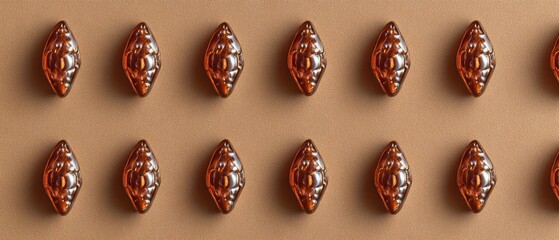 Poster - Elegant pattern of glossy amber beads arranged on a beige background creating a symmetrical arrangement and a smooth texture