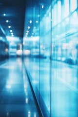 Poster - Abstract blue tinted corridor view showcasing minimalist modern architecture and bright light reflections on glass walls