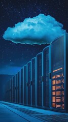 Poster - Modern Data Center Servers with Celestial Cloud Computing Concept in a Digital Starry Night Setting