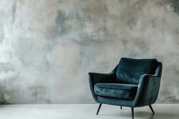Poster - Moody teal velvet armchair against a textured concrete wall for a stylish interior space serene setting