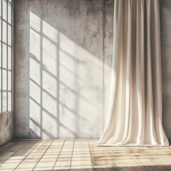 Poster - Empty studio interior design with daylight streaming through window on concrete wall and curtain