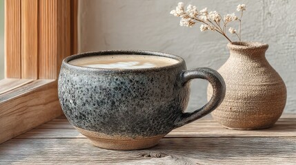 Poster - Artistic coffee cup with latte art and dried flowers on a rustic wooden table.