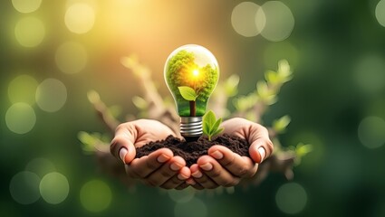 Aufkleber - hands cradle a lightbulb with a green plant growing inside. The background is out of focus with a natural green and yellow tone