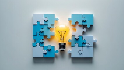 Poster - Conceptual image of an illuminated light bulb with puzzle pieces