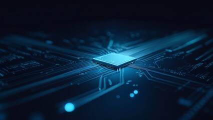 Aufkleber - a close-up view of a computer chip on a circuit board, with a sleek, futuristic design, glowing blue