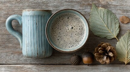 Poster - Autumnal still life with coffee, fall leaves, acorns, and a rustic wooden background