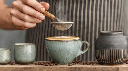 Poster - Barista sprinkling cocoa powder onto latte art in a rustic ceramic coffee cup
