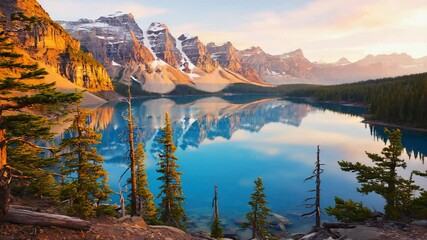 Poster - Crystal clear mountain lake reflecting snow-capped peaks under vibrant blue sky. Perfect mirror reflection, high detail, serene mood.

