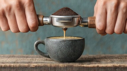 Poster - Brewing fresh espresso coffee with a professional machine, close-up view