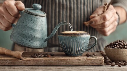 Poster - Brewing Pour Over Coffee with a Teal Kettle and Cup on a Rustic Wooden Board
