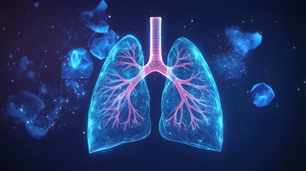 Wall Mural - a low poly, polygonal illustration of human lungs, glowing in blue and pink, set against a starry, s