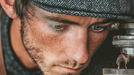 Poster - Close up of a barista making coffee with an espresso machine in a cafe