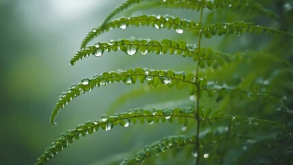 Poster - Close-up of raindrops clinging to green fern leaves after summer storm. .

