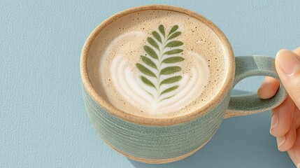 Aufkleber - Close up of a beautifully decorated coffee cup with leaf art on a blue background