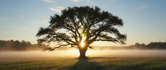Poster - Solitary oak tree standing in misty meadow at dawn..

