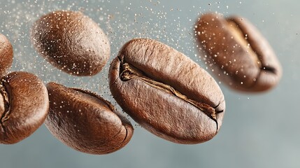 Poster - Close up of floating roasted coffee beans with sparkling particles and light background