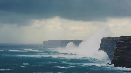 Poster - Rocky coastline with powerful waves crashing against dark cliffs..

